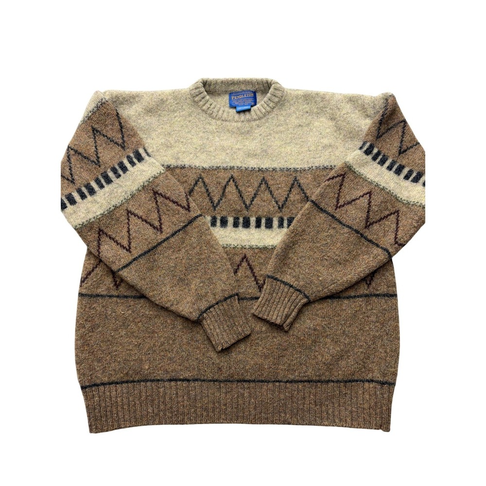 Pendleton Sweater Mens XL Brown Wool Geometric Knit Crewneck Pullover